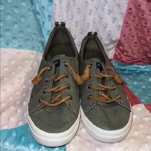 Sperry Olive Canvas Lace-Up Sneakers with Brown Laces